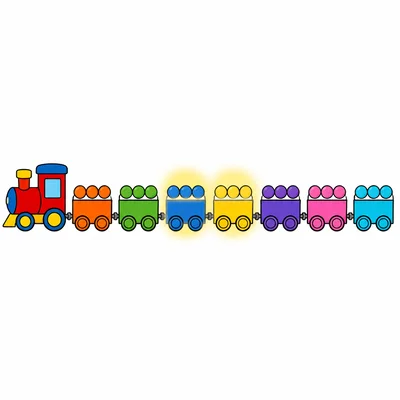 A toy train with cars carrying groups of five blocks.