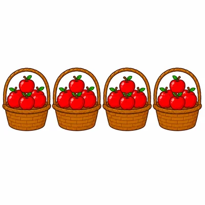 Four baskets with five apples in each basket.