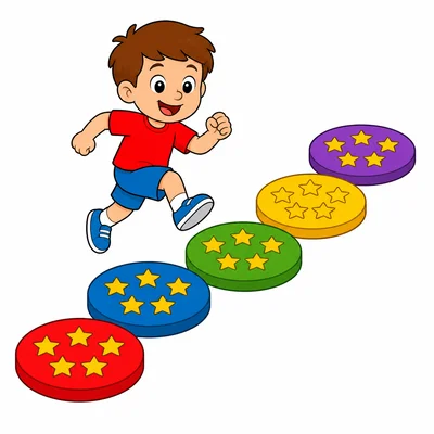 A child hopping across five pads with five stars on each pad.