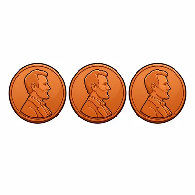 Three copper pennies in a row.