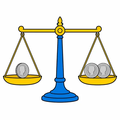A balance scale with one dime on one side and two nickels on the other.