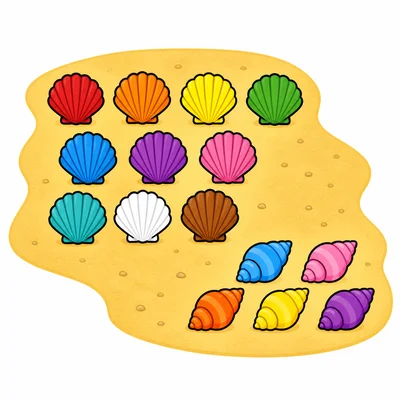 Ten shells in one group and five more shells nearby.