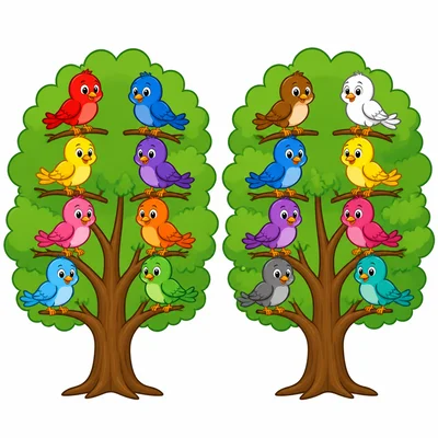 Eight birds in one tree and eight birds in another tree.