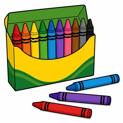 A crayon box with ten crayons and three crayons beside it.