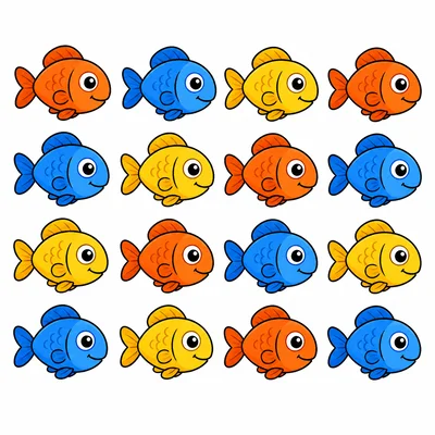 Sixteen colorful fish arranged for counting.