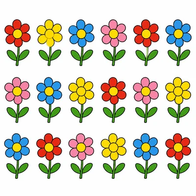 Eighteen colorful flowers arranged for counting.