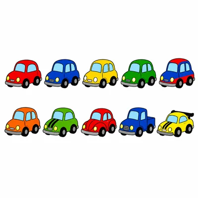 Ten toy cars.