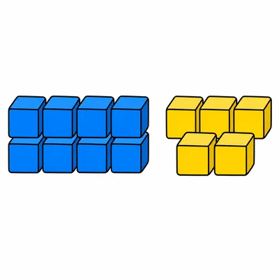 A group of eight blue blocks next to a group of five yellow blocks