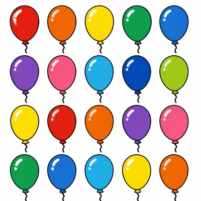 Twenty colorful balloons arranged in rows