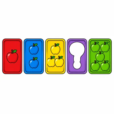 Five trays show groups of apples: one, two, three, an empty tray, and five.