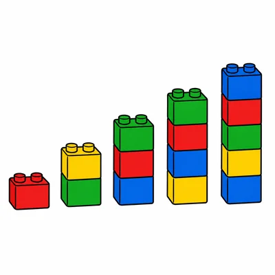 Five block stacks grow by one block each from one to five.