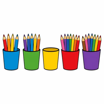 Cups show five pencils, six pencils, an empty cup, eight pencils, and nine pencils.