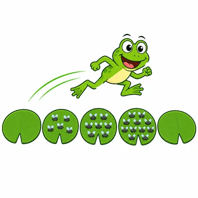 A frog hops across lily pads with zero, five, ten, fifteen flies, then an empty lily pad.