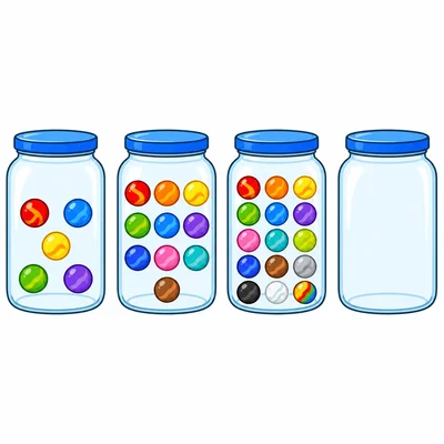 Four jars show five marbles, ten marbles, fifteen marbles, and an empty jar.