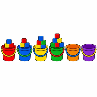Buckets show three, four, five, six blocks, followed by two empty buckets.