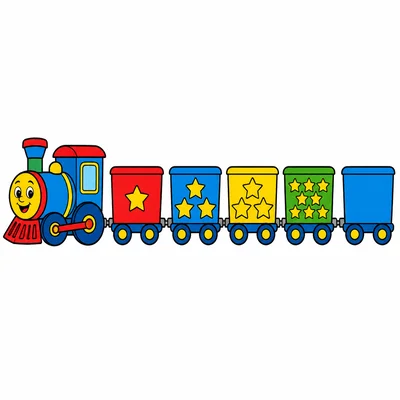A toy train has cars carrying one, three, five, seven stars, and an empty car.
