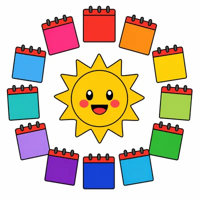 Twelve blank calendar pages arranged in a circle around a sun.