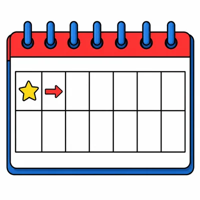 A blank calendar page with a star in the first box and an arrow to the next box.