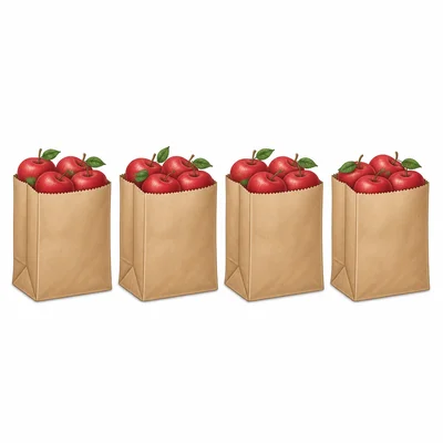 Four identical bags filled with apples arranged in a row.