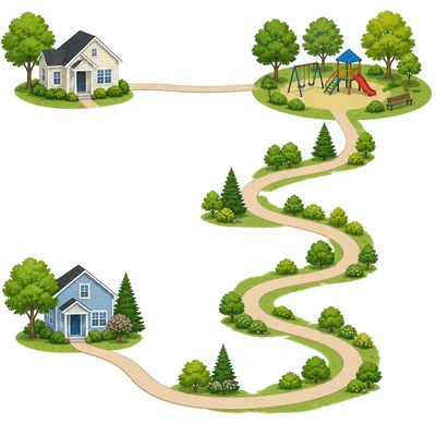 Two walking paths show one distance much farther than the other.
