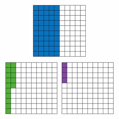 Three hundred grids show fifty hundredths, fifteen hundredths, and five hundredths shaded.