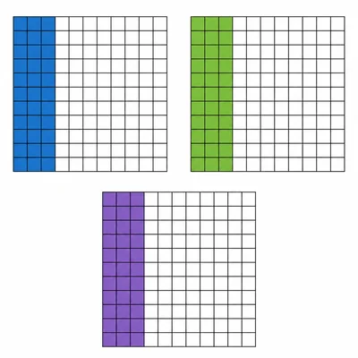 Three hundred grids show thirty-two hundredths, twenty-three hundredths, and thirty hundredths shaded.