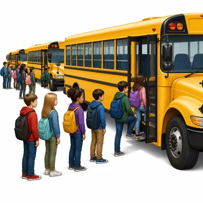 Students boarding school buses for a field trip.