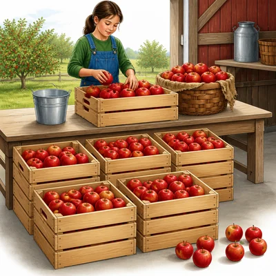 Apples packed into crates with some apples left over.