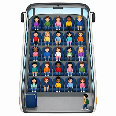 Five full bus rows with five students each and one extra student.