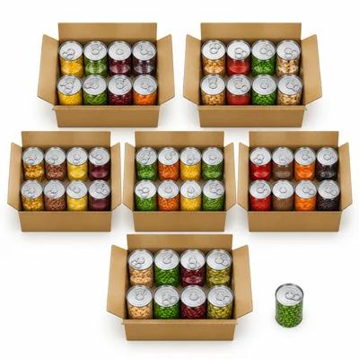 Five boxes with eight cans each and one can left over.