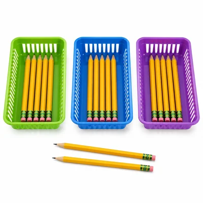 Three baskets with five pencils each and two extra pencils.