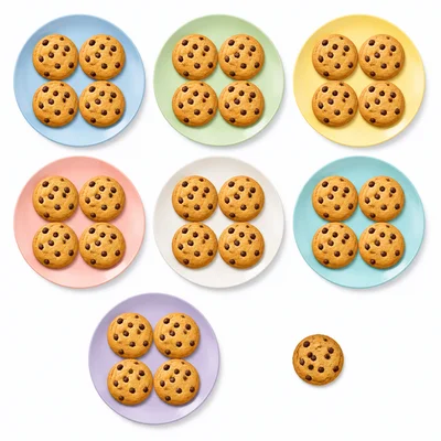 Seven plates with four cookies each and one cookie left over.