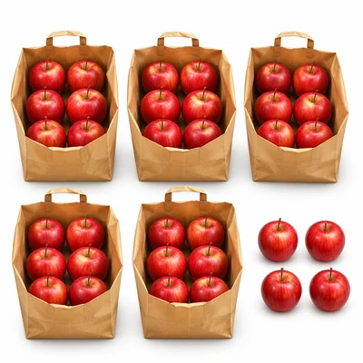 Five bags with six apples each and four apples left over.