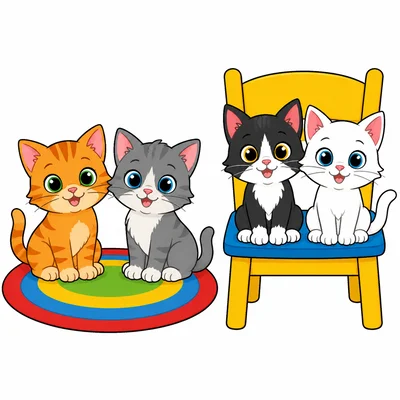 Two cats on a rug and two cats on a chair.