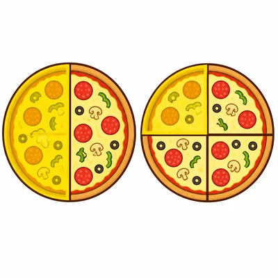 Two pizzas comparing one half and one fourth.