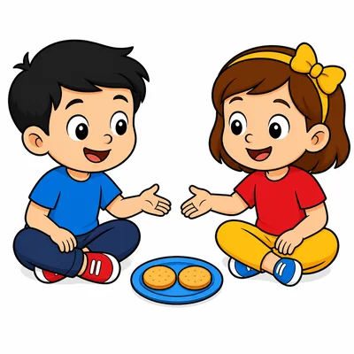 Two children sharing two crackers.