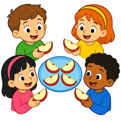 Four children sharing four apple slices.