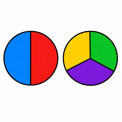 Two circles, one split into two equal parts and one split into three parts.