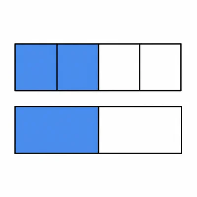 Two fraction strips showing two fourths and one half as the same amount.