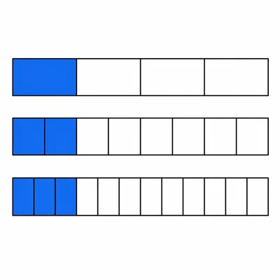 Three fraction strips showing one fourth and two equivalent shaded amounts.
