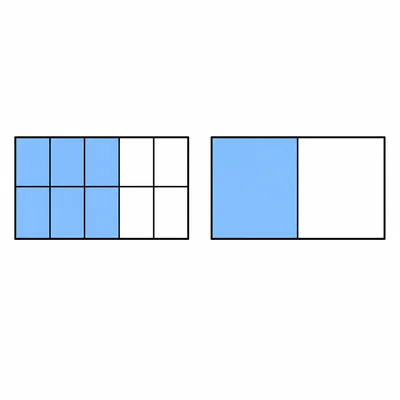 A ten-square grid half shaded next to a matching rectangle with one half shaded.