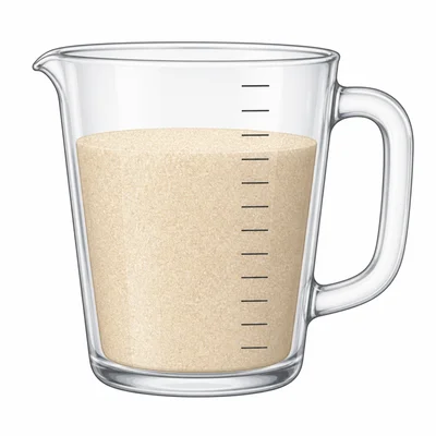 A measuring cup marked in twelve parts and filled with sugar to three quarters.