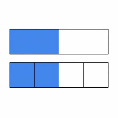 Two fraction bars show one half and two fourths shaded equally.