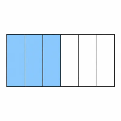 A rectangle divided into six equal parts with three shaded.