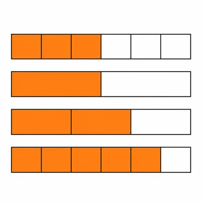 Fraction bars compare three sixths with one half, two thirds, and five sixths.