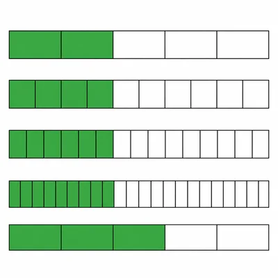 Stacked fraction bars compare two fifths with four tenths, six fifteenths, eight twentieths, and three fifths.