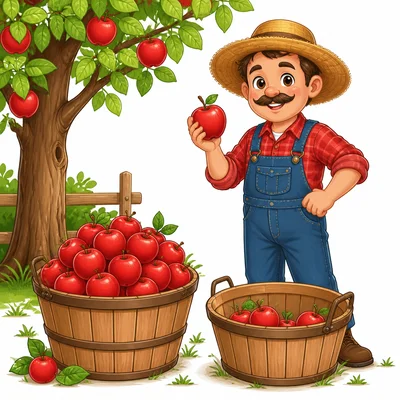 A farmer with baskets of apples, one partly empty.