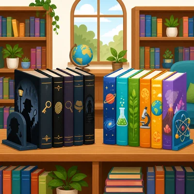 Groups of mystery and science books in a school library.