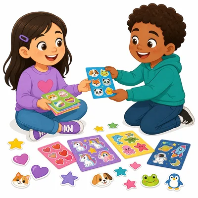 Two children with colorful stickers, one giving more stickers to the other.