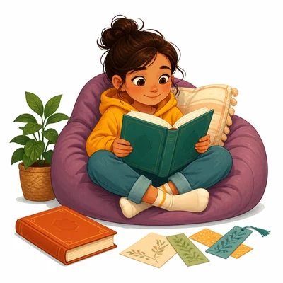 A child reading a book with pages and bookmarks nearby.